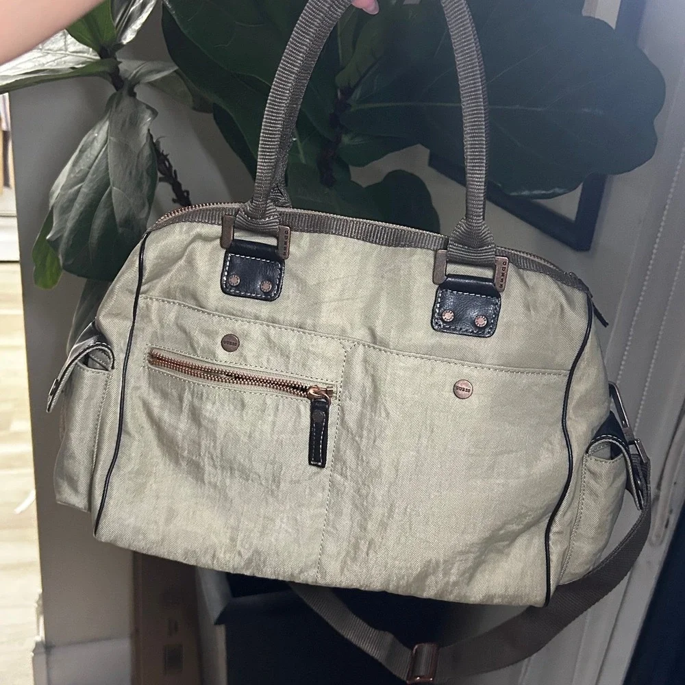 Rare Vintage Y2K Guess Canvas Handbag Beige/Tan Multi-Pocket Utility Cargo Purse